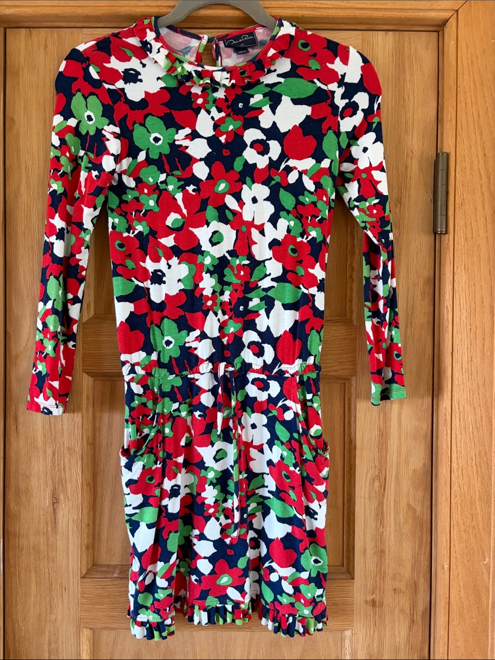Oscar de la Renta Floral Long Sleeve Knit Dress in Red, Navy, White & Green